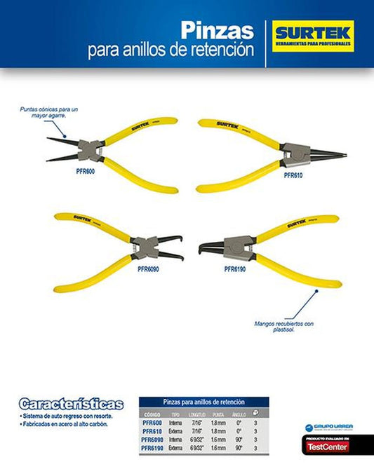 Pinza para anillos internos de retención ángulo de 0° Surtek PFR600