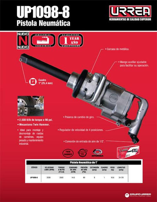 Pistola de impacto neumática 1" 2500ft-lb twin hammer Urrea UP1098-8