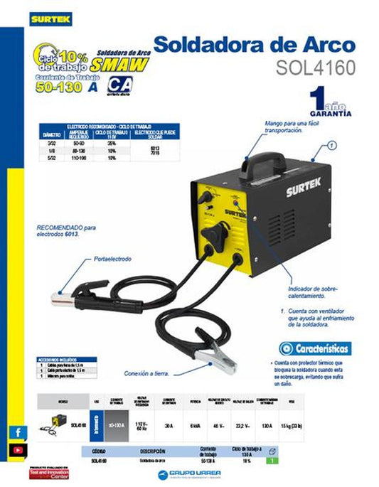 Surtek SOL4160 Soldadora de Arco Smaw de 110 V, con un Peso de 15 Kg SOL4160