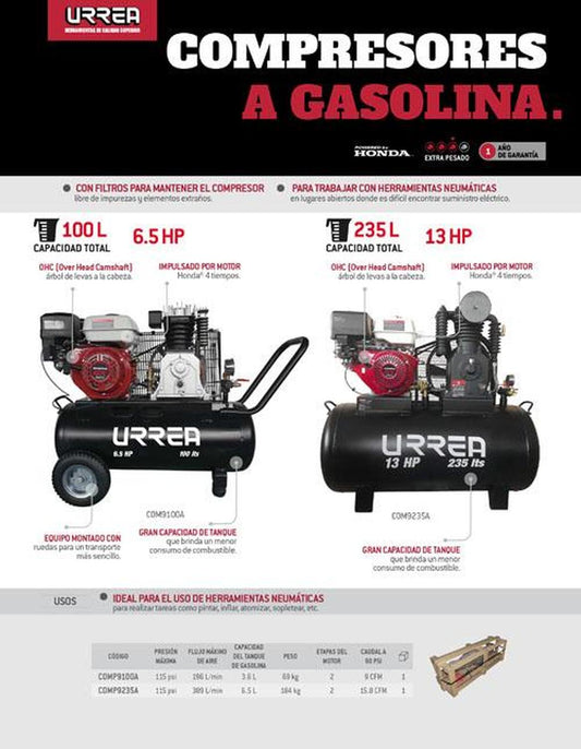 Compresor de aire a gas 100 L, 115PSI, 6.5HP, 3700rpm Urrea COMP9100A