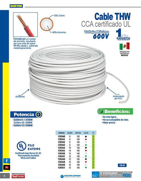 Cable cal 8 UL 100m blanco Surtek 136942