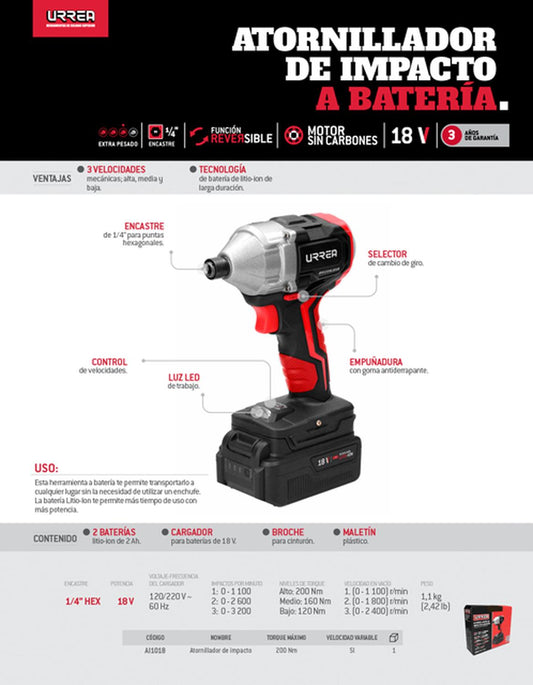 Atornillador de impacto a batería Litio-ion 18 V, 350 Nm Urrea AI1018