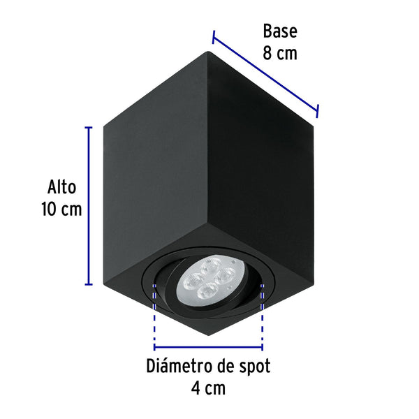 Luminario de sobreponer c/spot dirigible, cuadrado, negro, Volteck 49719