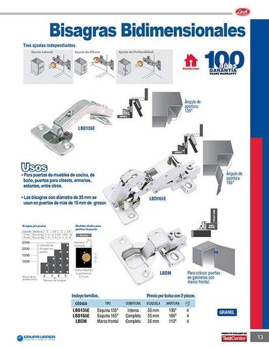 Bisagra bidimensional para esquina 165° Lock LBD165E