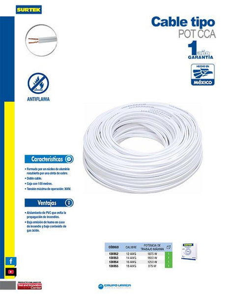 Cable POT CCA 2x18 100m blanco Surtek 136955