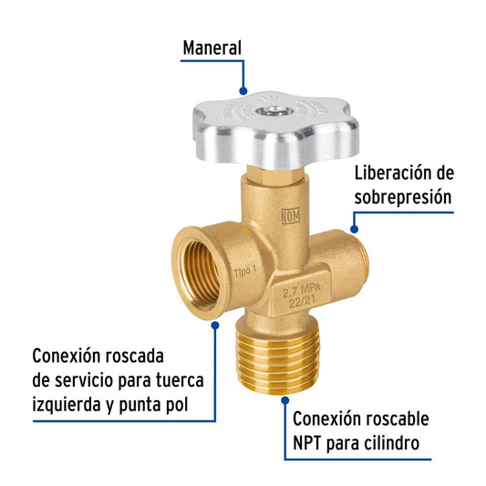 Válvula para cilindros de gas LP hasta 45 kg, Foset 47651