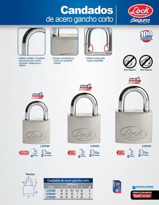 Candado de acero corto llave estándar 38mm en caja Lock L22S38A