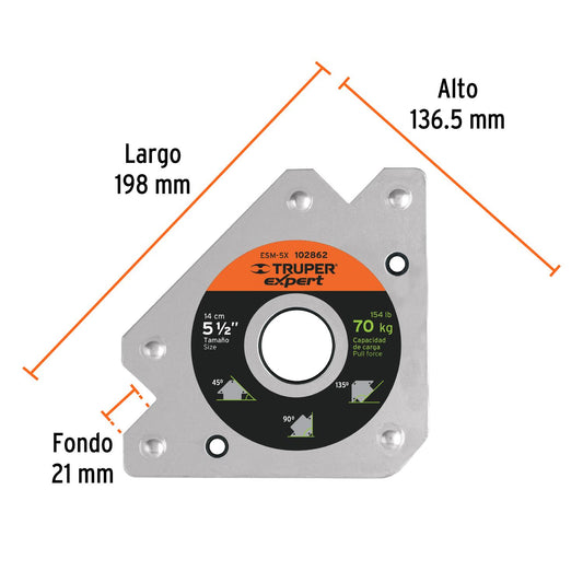 Escuadra magnética 5" para soldar, capacidad 70 kg, Truper 102862