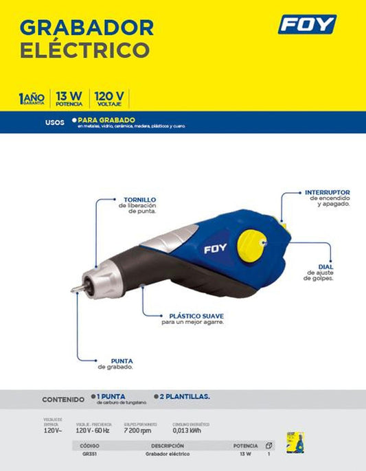 Grabador eléctrico 120 V frecuencia de 60 Hz Foy GR351