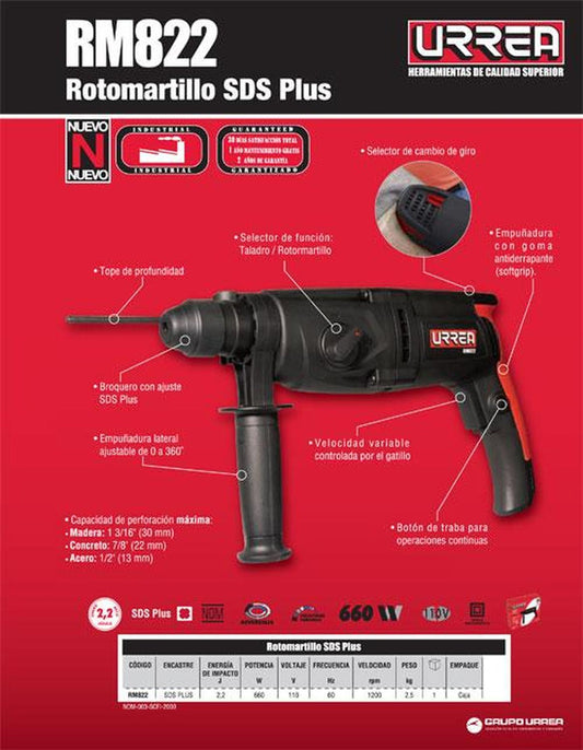 Rotomartillo electroneumático SDS Plus 600W 120V 2.2J RM822