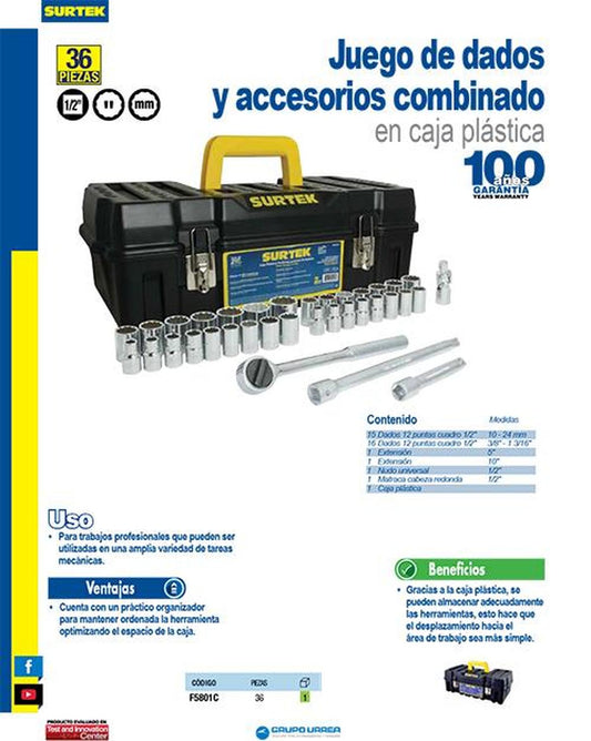 Juego de 36 dados y accesorios 1/2" Surtek F5801C
