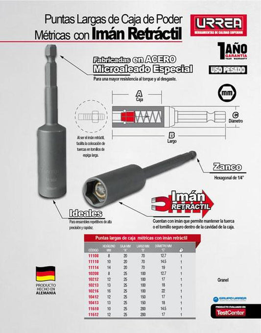 Punta caja poder hexágono 1/4 12x100mm imán retráctil Urrea 10212