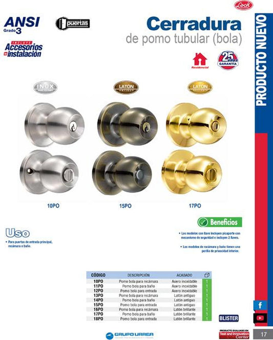 Cerradura pomo (bola) para recámara, latón brillante Lock 16PO