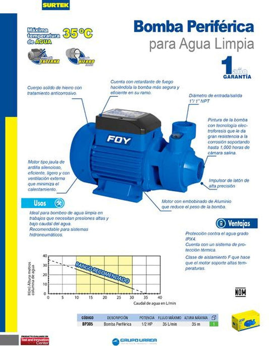 Bomba periferica de 1/2 HP, altura máxima de 35m Foy BP305