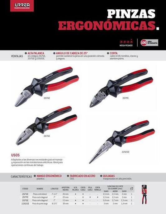 Pinza corte diagonal para cable ergonómica 7 MP Urrea 207PE