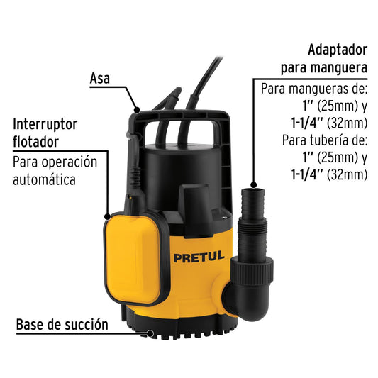 Bomba sumergible plástica 1/2 HP para agua limpia, Pretul 27195