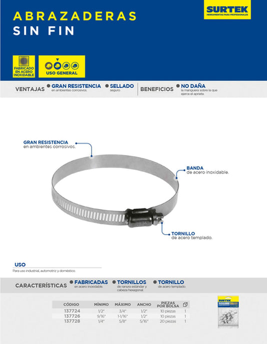 Abrazadera sin fin de acero inoxidable de 9/16" a 1-1/16", Surtek 137726