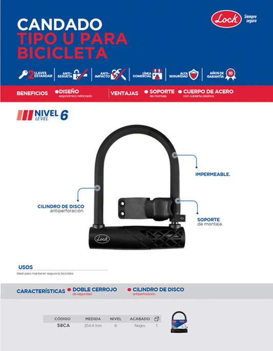 Candado para bicicleta tipo disco "U" Lock 58CA