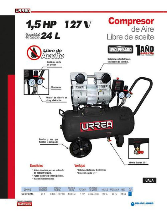 Compresor 1.5HP 24L lib aceite Urrea COMP824L