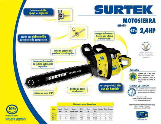 Surtek Motosierra a gasolina 18" 2.2HP 45CC MS618