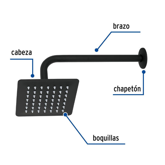Regadera cuadrada 6', acero inox, con brazo, negro, Túbig, Foset 47748