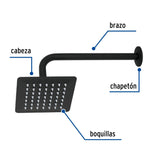 Regadera cuadrada 6', acero inox, con brazo, negro, Túbig, Foset 47748