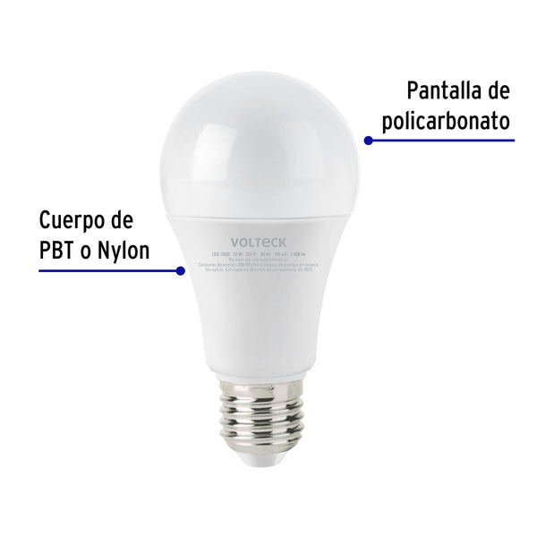 Lámpara LED tipo bulbo A19 12 W luz cálida, Volteck 47549