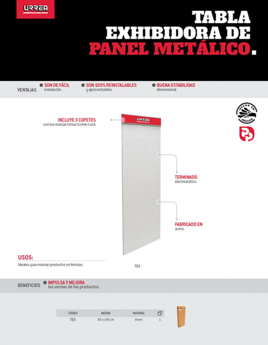 Tabla exhibidora para panel metálico 60x140cm, Urrea TEX