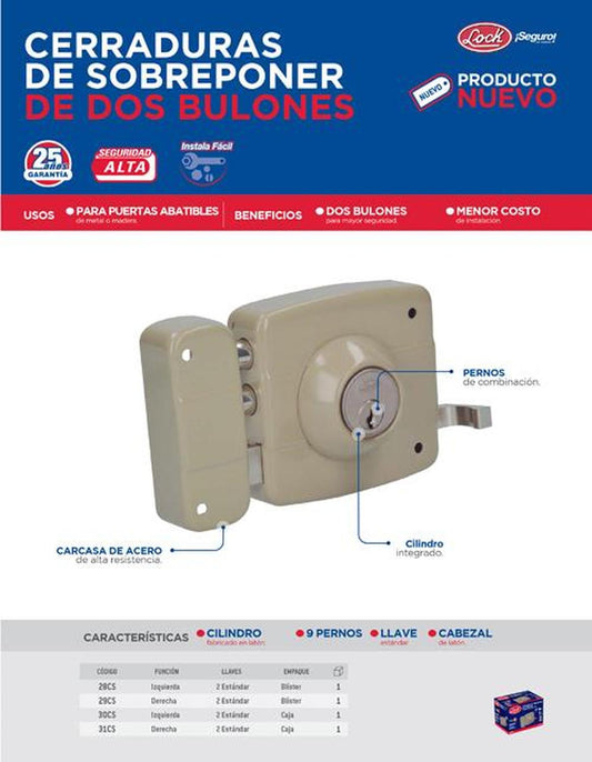 Cerradura de sobreponer de dos bulones, izquierda Lock. 30CS