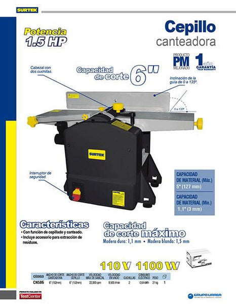 Cepillo canteador 6" 1.5 HP 1100W 120V Surtek CN506