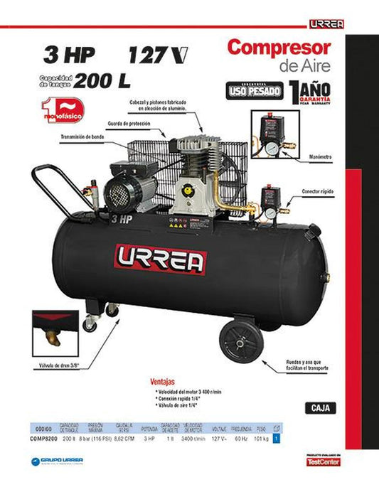 Compresor 3HP 200L Urrea COMP8200