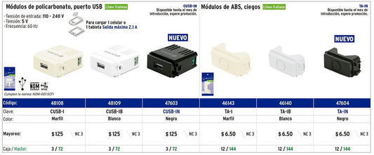 Módulo USB, línea Italiana, color negro Volteck 47603