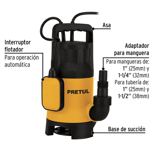 Bomba sumergible plástica 1 1/2 HP para agua sucia, Pretul 27199