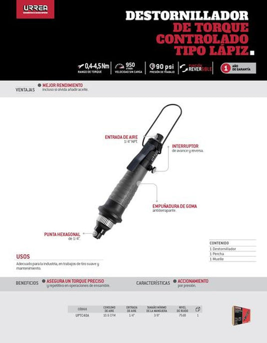 Destornillador neumático de torque controlado angular con palanca URREA UPTC40A