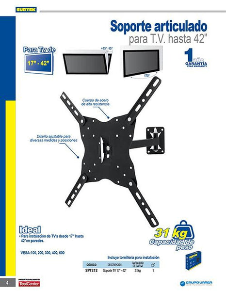 Surtek Soporte para TV 17"-42" 31kg sencillo SPT31S