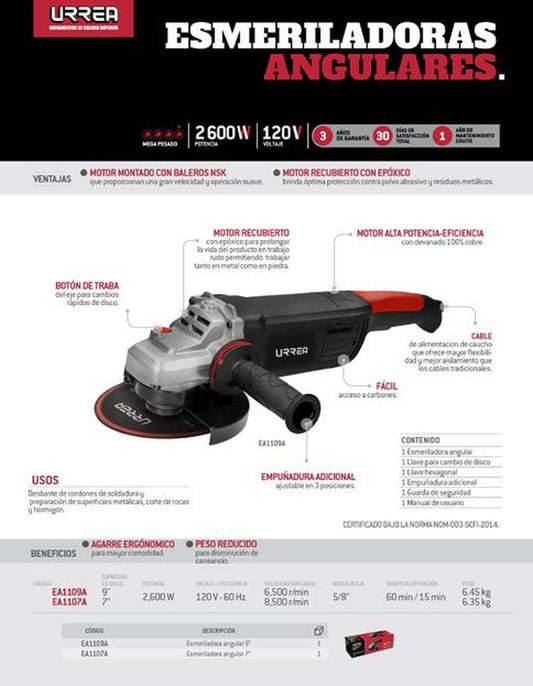 Esmeriladora angular 7", 2600W, 120V, 8,500rpm Urrea EA1107A