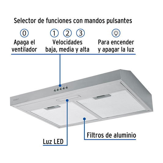 Campana extractora 60 cm, de pared, acero inoxidable, Foset 46536