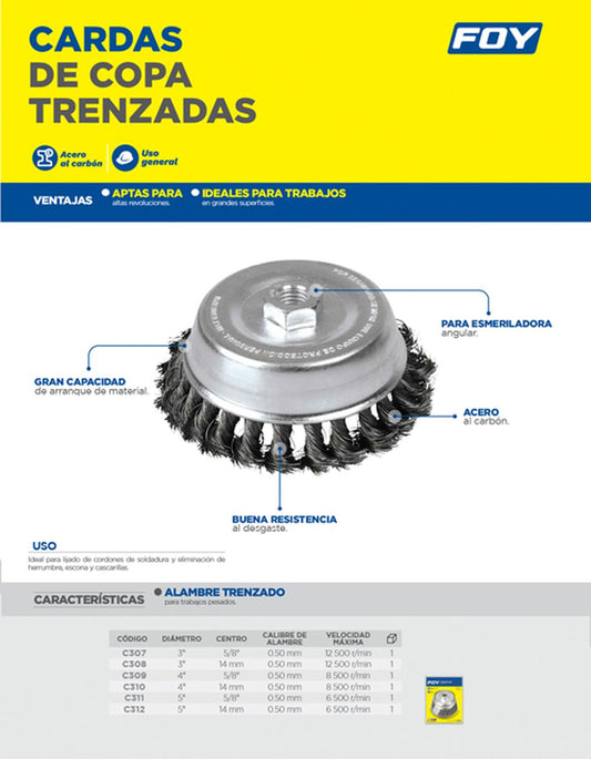 Carda copa trenzada alambre grueso 3" x 0.50 con rosca 5/8" FOY C307