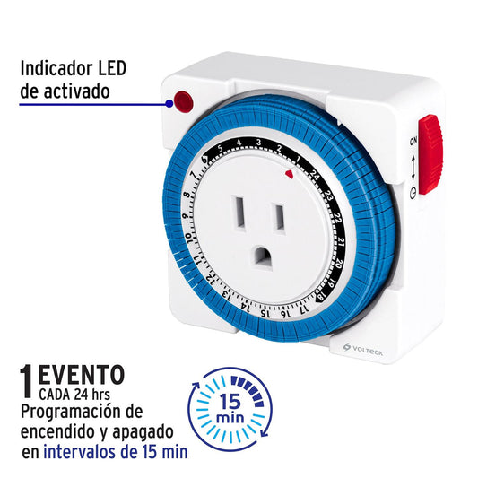Mini Temporizador analógico 1 evento, intervalos de 15 min., Volteck 46996