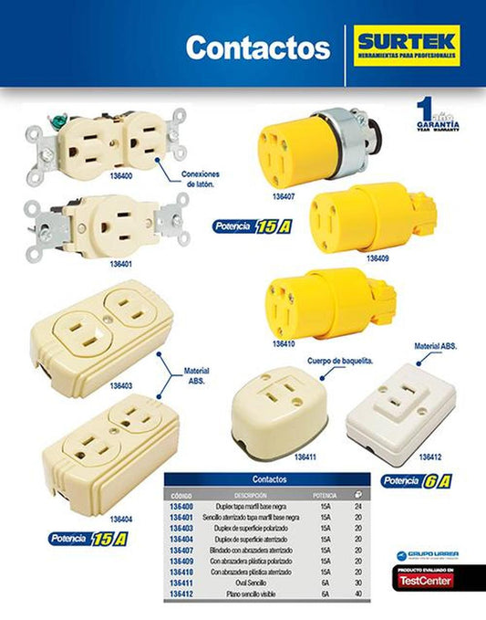 Contacto dúplex tapa marfil base negra 15A 127V Surtek 136400