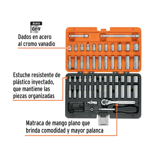 Juego de 54 herramientas cuadro 1/4' std y mm para mecánico, Truper 102388