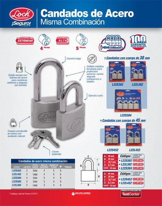 Candado acero corto llave estándar 2 pzs cromo satinado Lock L22S452