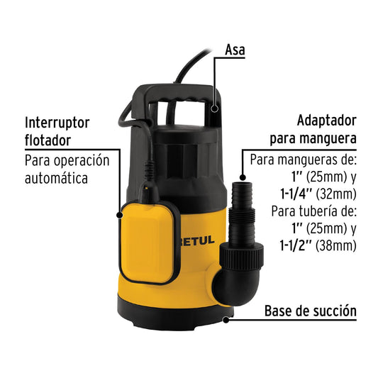 Bomba sumergible plástica 1 HP para agua limpia, Pretul 27197