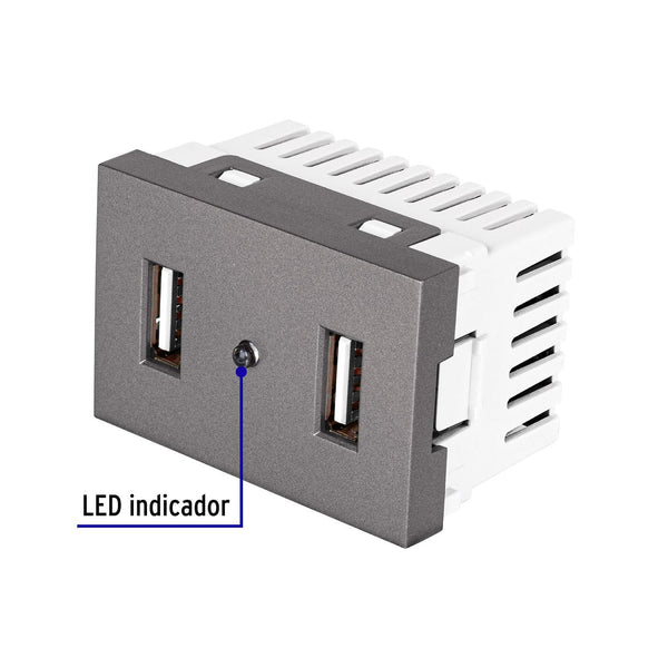Toma 2 puertos USB acero inox de 1.5 módulos, línea Lisboa, Volteck 47829