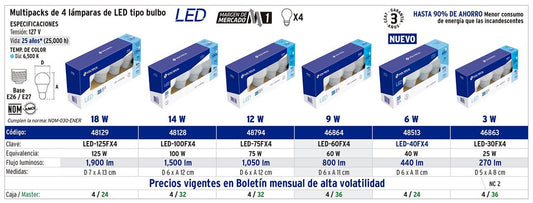 Lámpara de LED 6W luz de día, A19, E27, 4 piezas en caja Volteck 48513