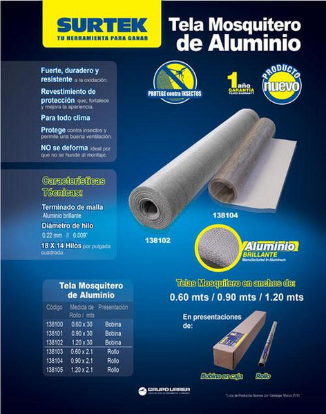 Tela para mosquitero de aluminio 1.20 x 30m en bobina Surtek 138102