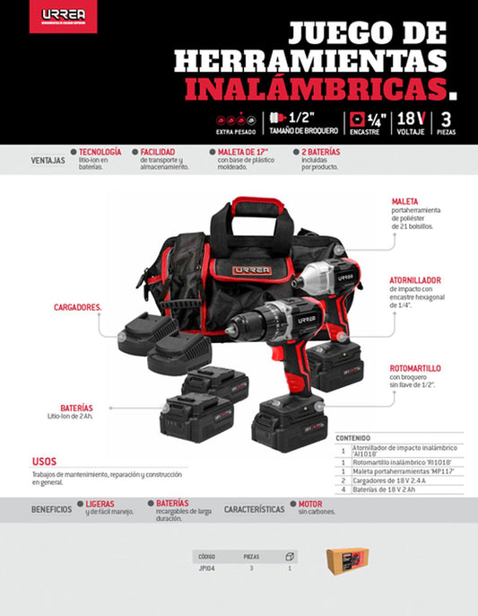 Juego de rotomartillo y atornillador de impacto a batería Litio-ion 18 V, 3 piezas Urrea JPI04