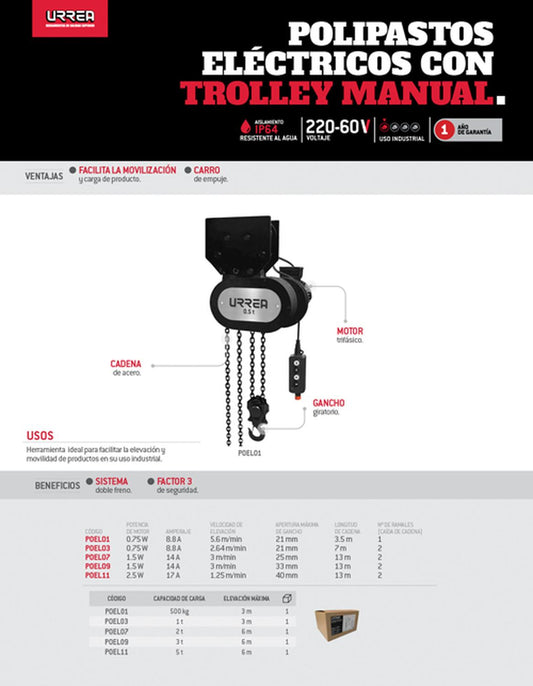 Polipasto eléctrico 1t con trolley manual y soporte de gancho Urrea POEL03