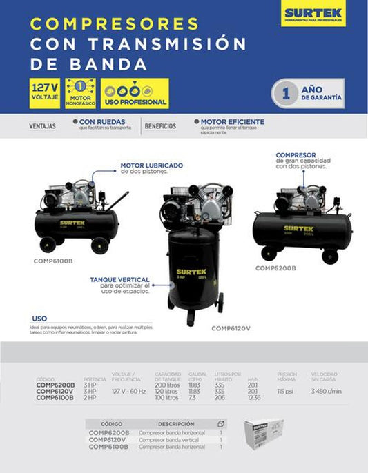 Compresor de aire banda horizontal 3HP 100L SURTEK COMP6100B