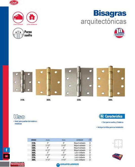 Bisagra arquitectónica balero, níquel satinado 3-1/2" Lock 32BL